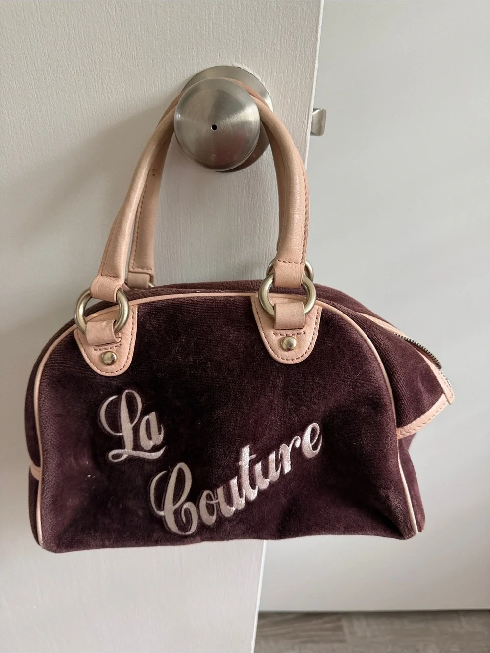 Juicy Couture Q of Couture Suede Satchel & Pencil Case in brown and Blush